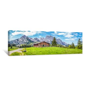 Image of Idyllic Landscape In The Alps With Mountain Chalet And Green Meadows Canvas Print