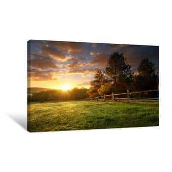 Image of Picturesque Landscape, Fenced Ranch At Sunrise Canvas Print
