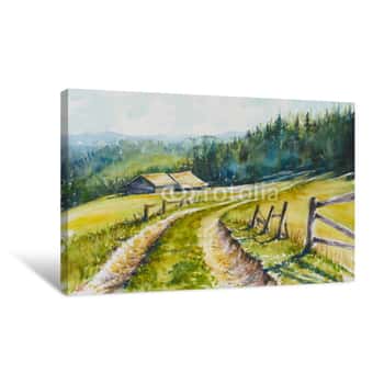 Image of Watercolor Rural Landscape  Beautiful Green Field, Blue Sky And Road To The Mountains Canvas Print