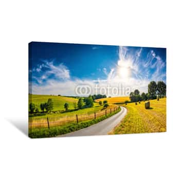 Image of Landscape In Summer With Bright Sun, Meadows And Golden Cornfield In The Background Canvas Print