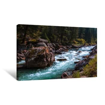 Image of Fresh Water  Mountain River  Flowing Past A Giant Boulder Canvas Print