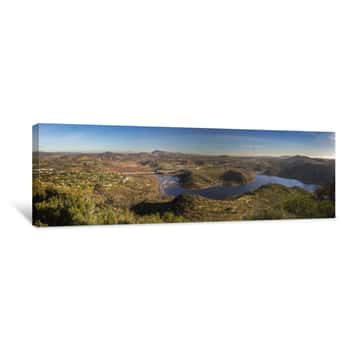 Image of Wide Scenic Panoramic Landscape View Of Lake Hodges And San Diego County North Inland From Summit Of Bernardo Mountain Peak In Poway California Canvas Print