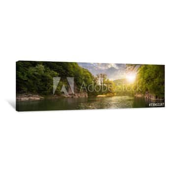 Image of Forest River With Stones On Shores At Sunset Canvas Print