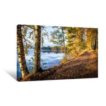 Image of Scenic Landscape With Lake And Fall Colors At Morning Light In Finland Canvas Print