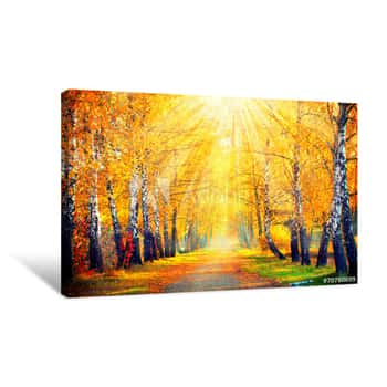 Image of Autumnal Park  Autumn Trees And Leaves In Sun Rays Canvas Print