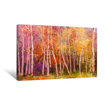 Image of Oil Painting Landscape - Colorful Autumn Trees  Semi Abstract Image Of Forest, Aspen Trees With Yellow And Red Leaf  Autumn, Fall Season Nature Background  Hand Painted Landscape, Impressionist Style Canvas Print
