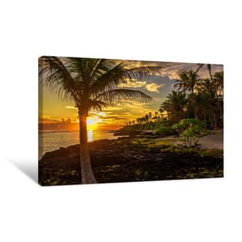 Image of Coconut Palm Trees And Black Rocks On The Beach During The Sunset On Upolu, Samoa Canvas Print