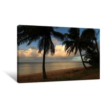 Image of Sunset And Palm Trees At Anini Beach, Hawaii Canvas Print