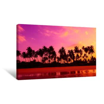 Image of Palm Trees On The Beach At Vivid Tropical Beach Sunset Canvas Print