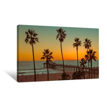Image of Palm Trees And Pier On Manhattan Beach At Sunset In California, Los Angeles, USA Canvas Print