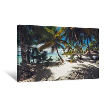 Image of Palmtree And Tropical Beach In Caribbean Sea Canvas Print