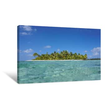 Image of Pristine Tropical Island With Turquoise Water Seen From The Sea Surface In The Lagoon, Atoll Of Tikehau, Tuamotu Archipelago, French Polynesia, Pacific Ocean Canvas Print