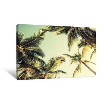 Image of Coconut Palm Trees And Shining Sun Over Bright Sky Canvas Print