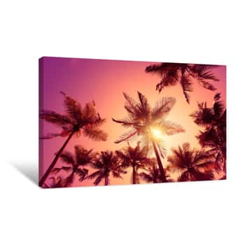 Image of Bright Vivid Pink Tropical Sunset With Shining Sun Canvas Print