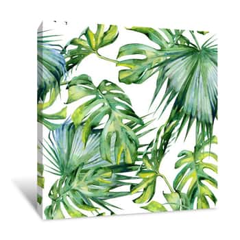 Image of Seamless Watercolor Illustration Of Tropical Leaves, Dense Jungle  Hand Painted  Banner With Tropic Summertime Motif May Be Used As Background Texture, Wrapping Paper, Textile Or Wallpaper Design Canvas Print
