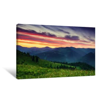 Image of Carpathian Mountains Summer Sunset Landscape With Dramatic Sky And Blue Mountains Canvas Print
