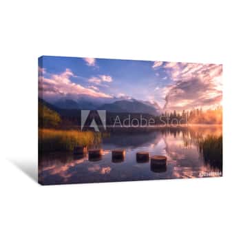Image of Breathtaking View Of The Alpine Lake And Mountains With Reflection In The Crystal Clear Water Before Sunrise  Famous Tourist Resort Lake Strbske Pleso In The High Tatras, Slovakia (Slovensko), Europe Canvas Print