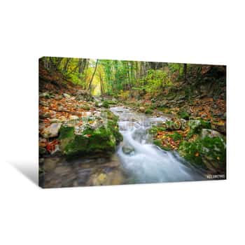 Image of Beautiful Autumn Landscape With Mountain River, Stones And Colorful Trees  Mountain Forest In Crimea Canvas Print