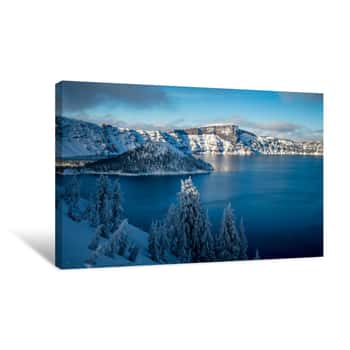 Image of Winter Forest Crater Lake Snowy Mountain Landscape Photograph Oregon Pacific Northwest Mountain Trees Canvas Print
