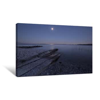 Image of Moonlight On The Lake Pier And Rocks Canvas Print