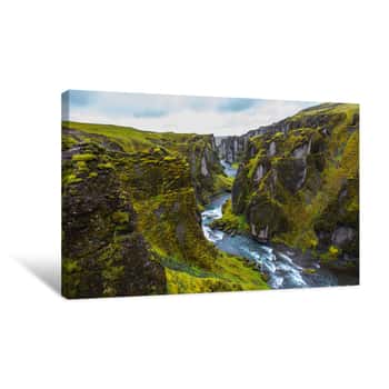 Image of Green Mountain Canyon With River In Iceland Canvas Print