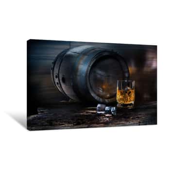 Image of A Glass Of Whiskey With Ice On Background Barrel Canvas Print