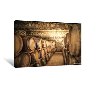 Image of Vintage Winery Cellar With Wine Barrels Canvas Print