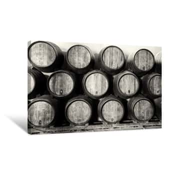 Image of Whisky Or Wine Barrels In Black And White Canvas Print