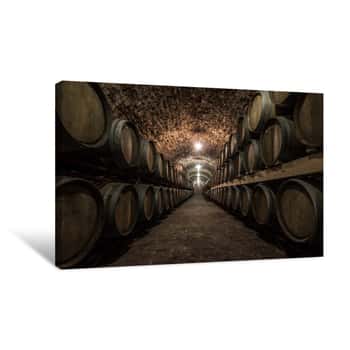 Image of Wine Wooden Barrels Lying In Rows  Basement Room Of Shellfish Canvas Print