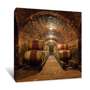 Image of Oak Barrels In A Underground Wine Cellar Canvas Print