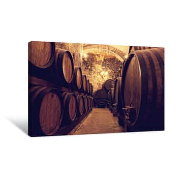 Image of Wooden Barrels With Wine In A Wine Vault, Italy Canvas Print