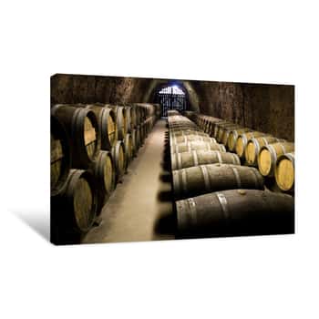 Image of Wine Barrels In Cellar  Wide Angle View Canvas Print