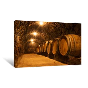 Image of Oak Barrels In The Tunnel Of Tokaj Winery Cellar, Hungary Canvas Print