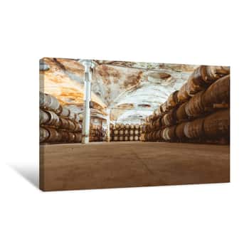 Image of Old Vintage Whisky Barrels Filled Of Whiskey Placed In Order In Canvas Print
