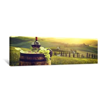 Image of Red Wine Bottle And Wine Glass On Wodden Barrel  Beautiful Tuscany Background Canvas Print