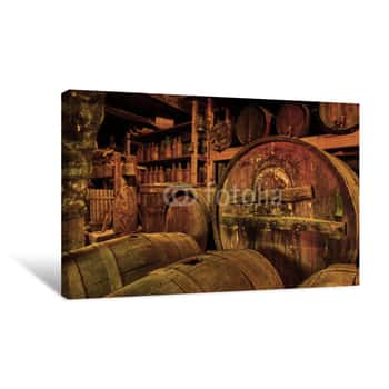 Image of Wine Barrels In Old Cellar Canvas Print