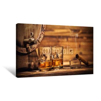 Image of Glasses Of Whiskey With Ice Cubes Served On Wood Canvas Print