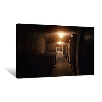 Image of Old Wine Cellar With Large Wooden Wine Barrels In Ukraine Canvas Print
