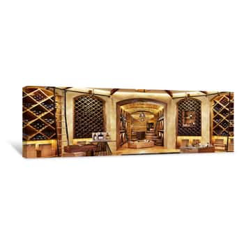 Image of Wine Cellar With Bottles On Wooden Shelves Canvas Print