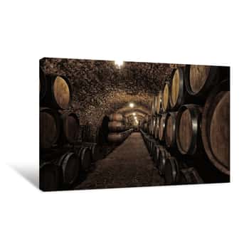 Image of Wine Cellar Interior With Large Wooden Barrels Canvas Print