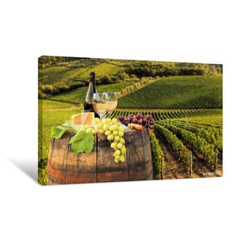 Image of White Wine With Barrel On Famous Vineyard In Chianti, Tuscany, Italy Canvas Print
