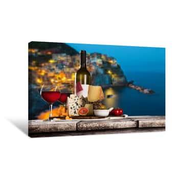 Image of Delicious Cheeses With Wine On Old Wooden Table Canvas Print