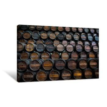 Image of Wine Barrels Stacked In The Cellar Of The Quinta Da Bacalhoa Canvas Print