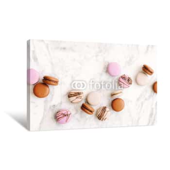 Image of Beautiful Variety Of Macaroons On Marble Background  Stylish Arrangement Sweet  Flat Lay, Top View Canvas Print