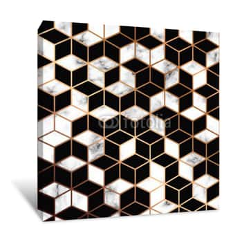 Image of Vector Marble Texture, Seamless Pattern Design With Golden Geometric Lines And Cubes, Black And White Marbling Surface, Modern Luxurious Background Canvas Print