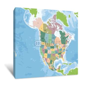 Image of North America Map With USA, Canada And Mexico Canvas Print