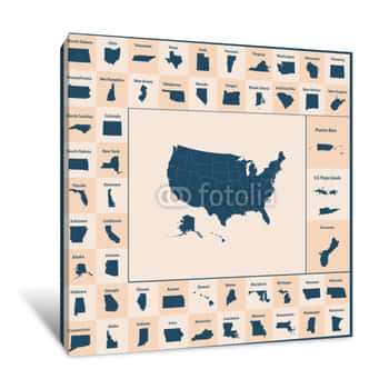 Image of Outline Map Of The United States Of America  50 States Of The USA  US Map With State Borders  Silhouettes Of The USA And Guam, Puerto Rico, US Virgin Islands Canvas Print