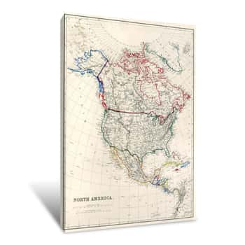 Image of Old Map Of North America, Alaska As "Russian Territory", 1850 Canvas Print
