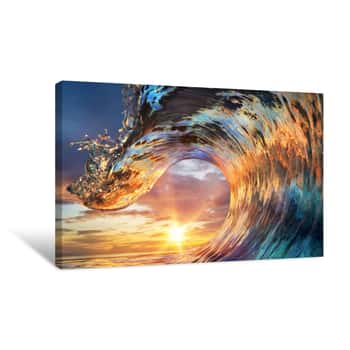 Image of Colorful Ocean Wave  Sea Water In Crest Shape  Sunset Light And Beautiful Clouds On Background Canvas Print