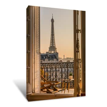 Image of Beautiful Paris Balcony At Sunset With Eiffel Tower View Canvas Print